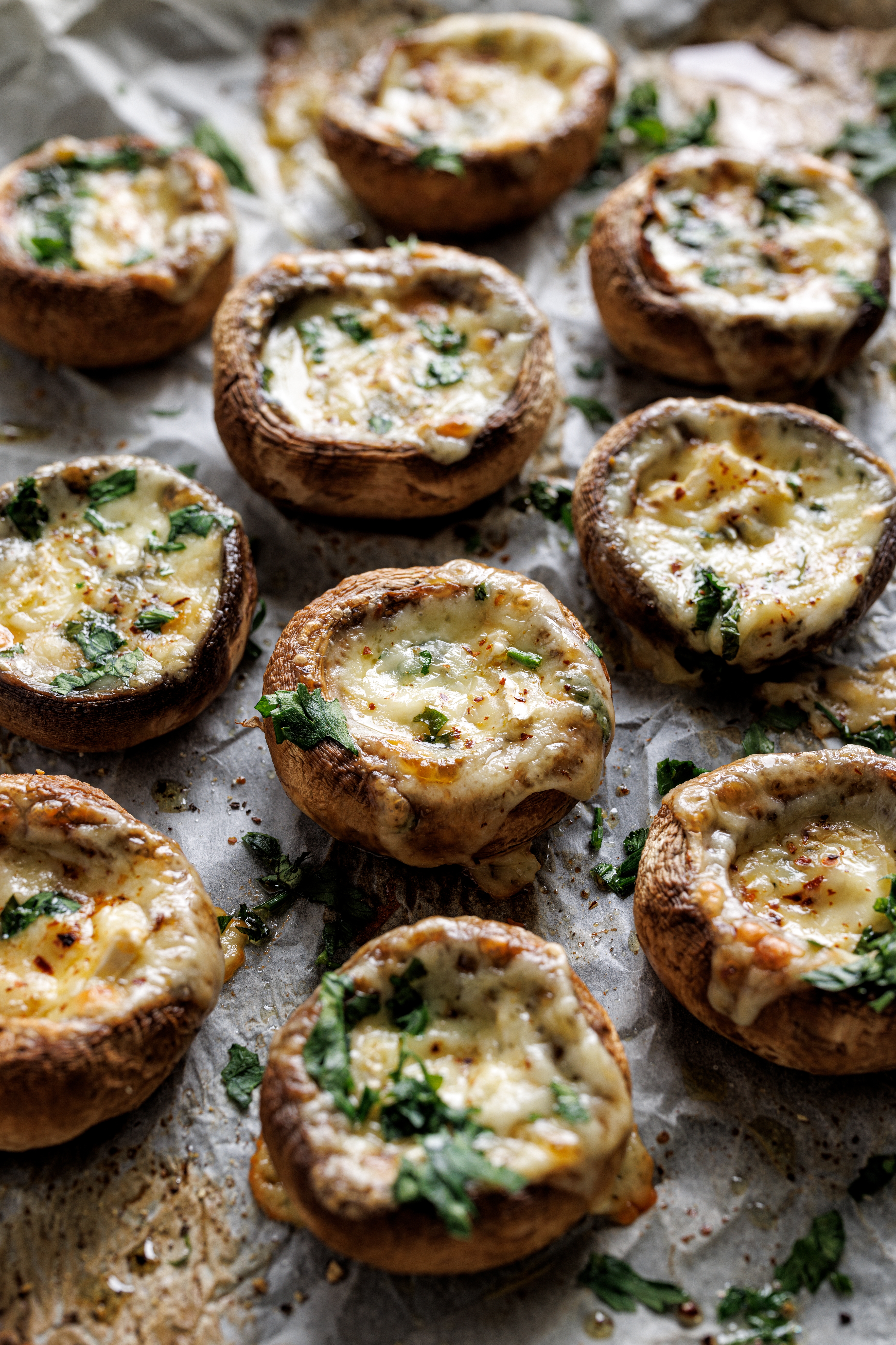 Baked,Mushrooms,Stuffed,With,Cheese,And,Herbs,,Focus,On,The